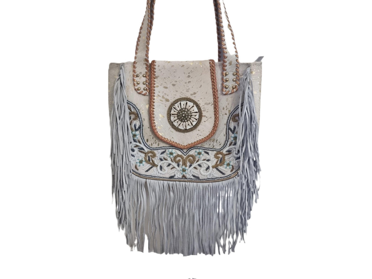 Beaded Cowhide Fringe Tote: Boho Leather Shoulder Bag