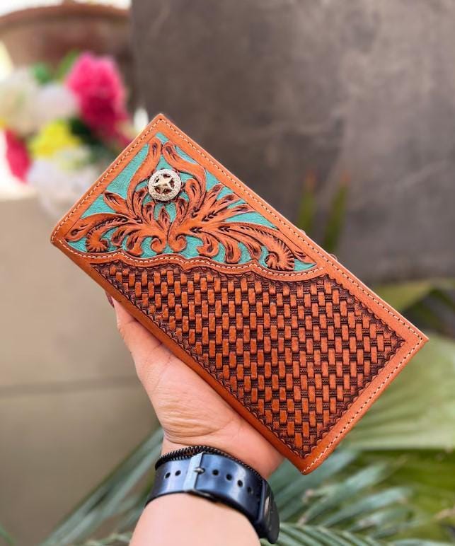 Hand Tooled Leather Western Wallet: Turquoise Leaf, Vintage Style