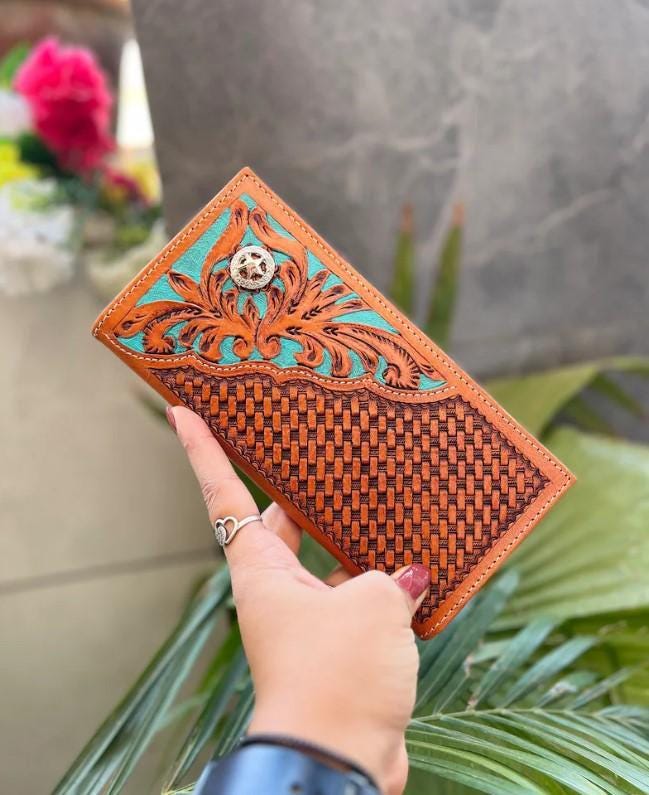 Hand Tooled Leather Western Wallet: Turquoise Leaf, Vintage Style