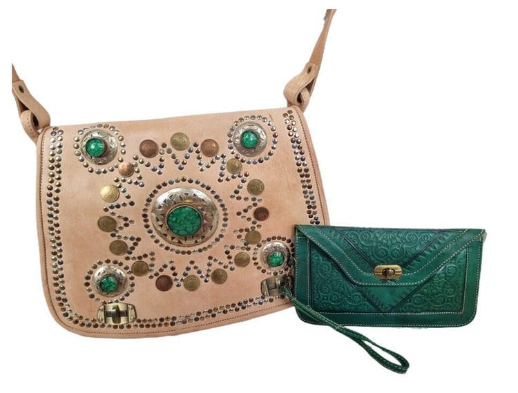 Large Moroccan Leather Shoulder Bag & Wallet Set: Boho Festival Purse