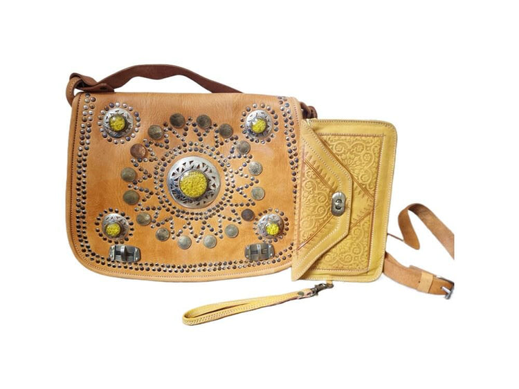 Large Moroccan Leather Shoulder Bag & Wallet Set: Boho Festival Purse