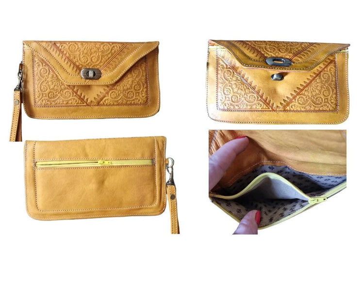 Large Moroccan Leather Shoulder Bag & Wallet Set: Boho Festival Purse