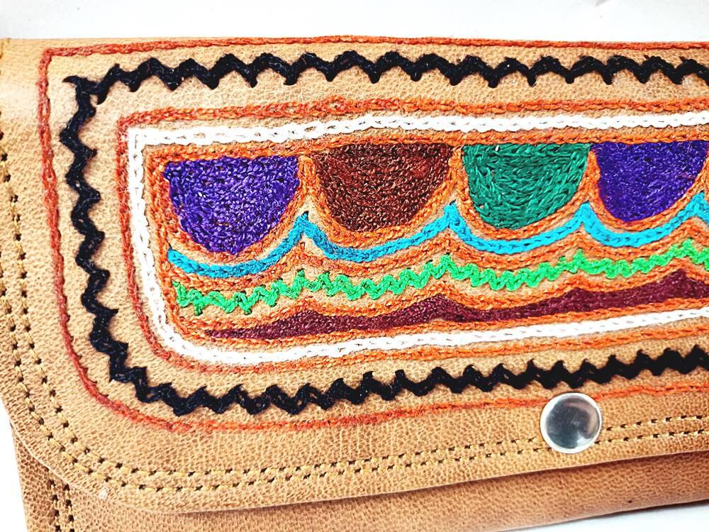 Embroidered Leather Trifold Wallet: Botanical Boho Long Wallet