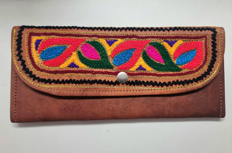 Embroidered Leather Trifold Wallet: Botanical Boho Long Wallet