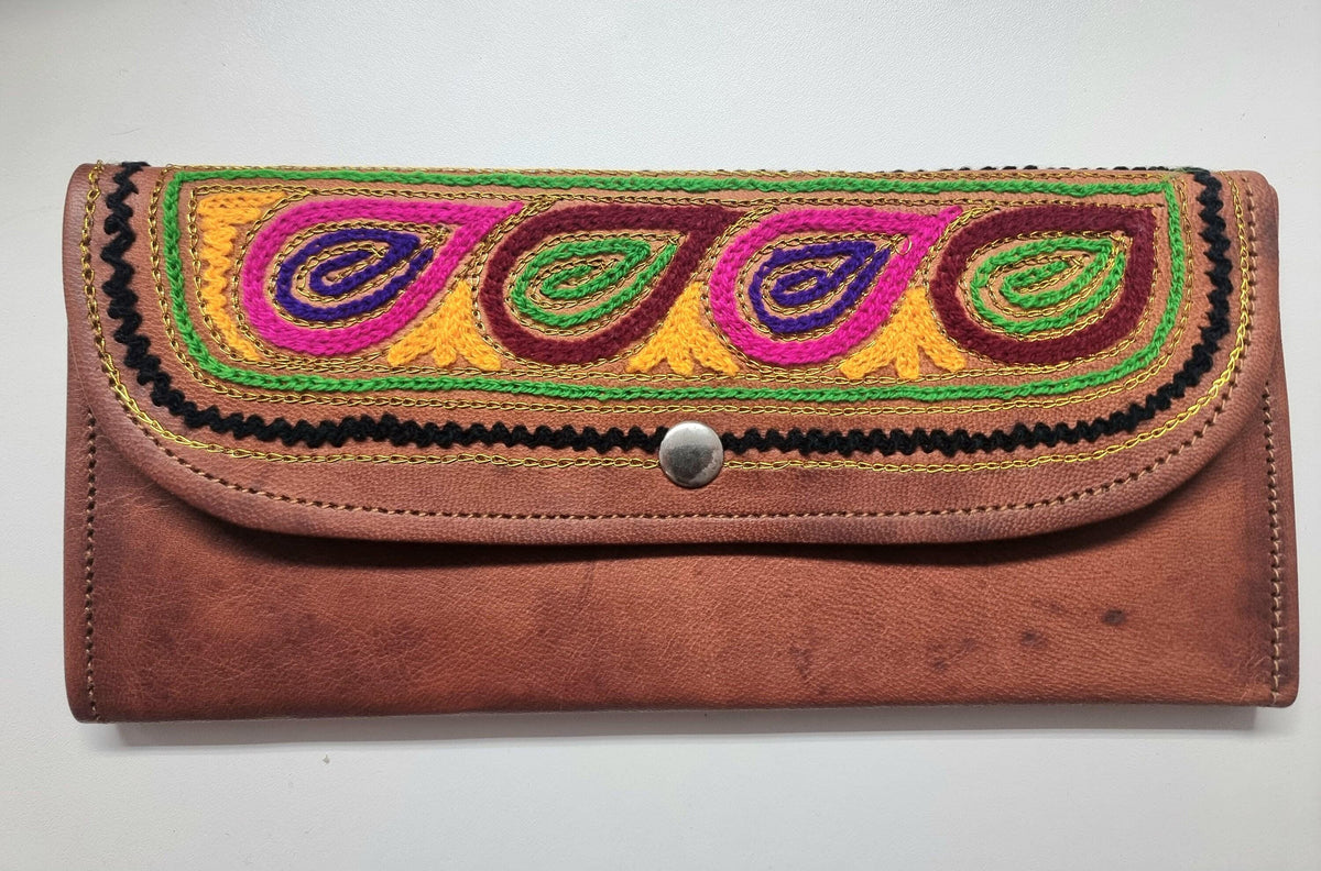 Embroidered Leather Trifold Wallet: Botanical Boho Long Wallet