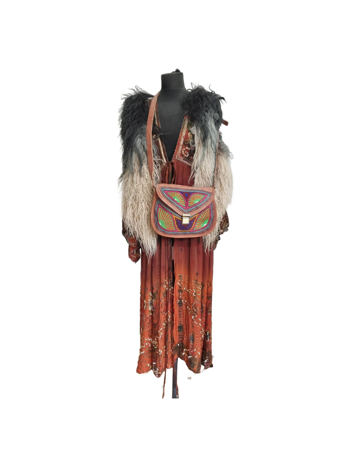 Handmade Embroidered Leather Crossbody Bag – Colourful Boho Satchel & Vintage Style Purse
