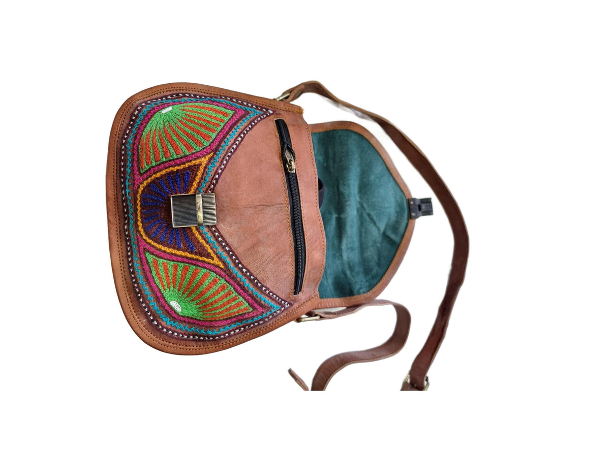 Handmade Embroidered Leather Crossbody Bag – Colourful Boho Satchel & Vintage Style Purse
