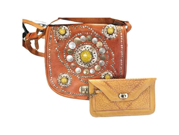 Moroccan Leather Crossbody Bag & Wristlet Set: Vintage Boho Purse