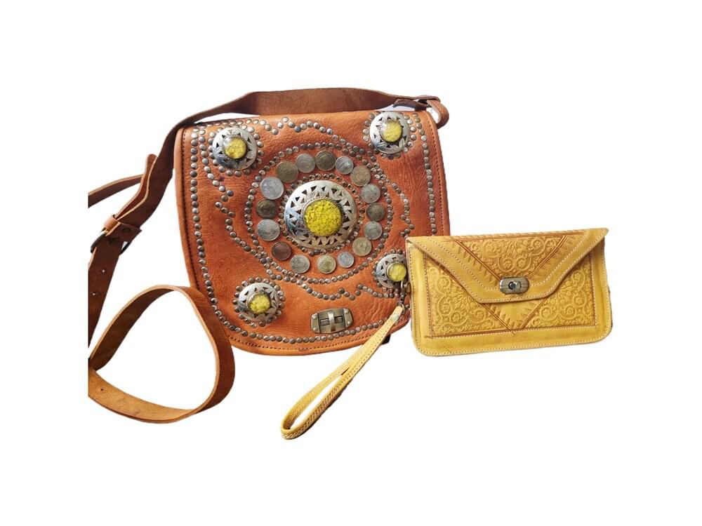 Moroccan Leather Crossbody Bag & Wristlet Set: Vintage Boho Purse
