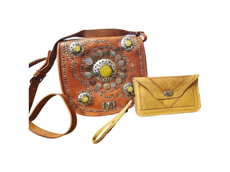 Moroccan Leather Crossbody Bag & Wristlet Set: Vintage Boho Purse