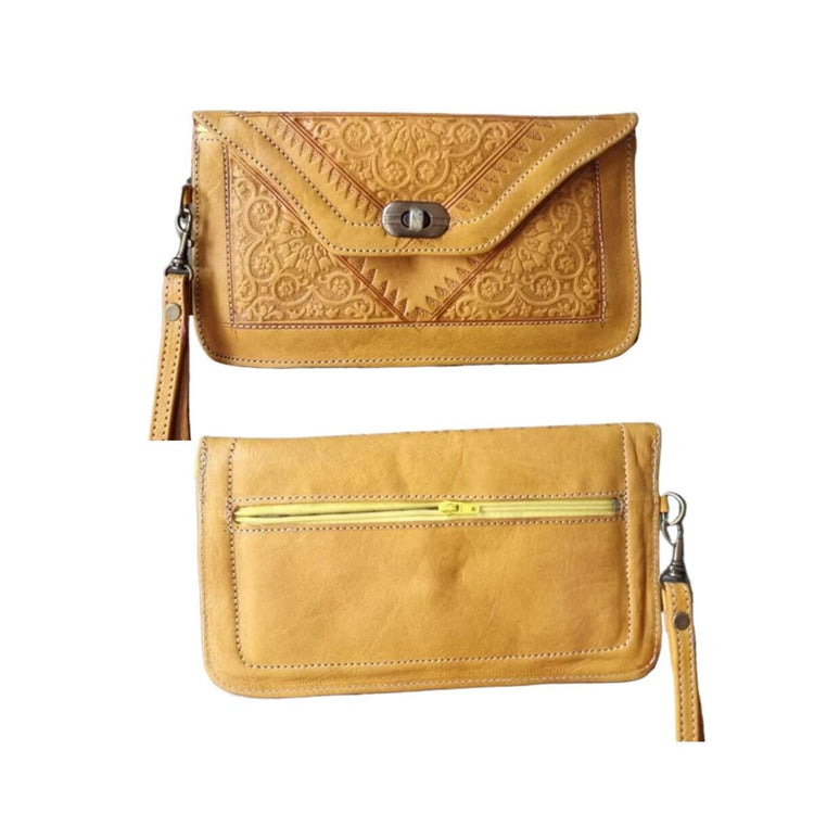 Moroccan Leather Crossbody Bag & Wristlet Set: Vintage Boho Purse