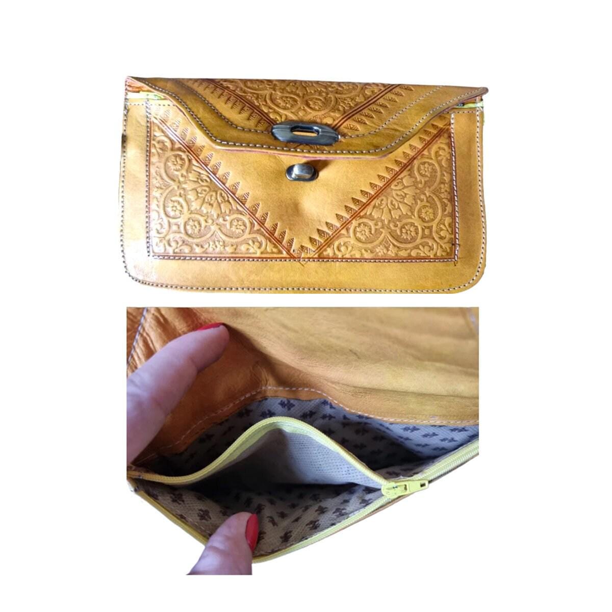 Moroccan Leather Crossbody Bag & Wristlet Set: Vintage Boho Purse