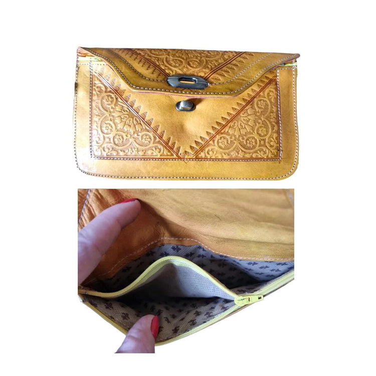 Moroccan Leather Crossbody Bag & Wristlet Set: Vintage Boho Purse