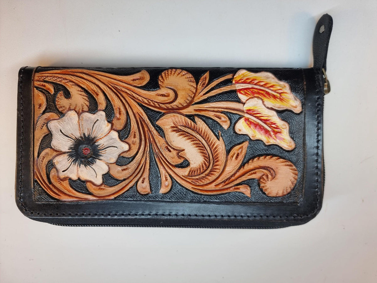 Hand Tooled Leather Wallet: Floral Carved, Antique Black, Western Style