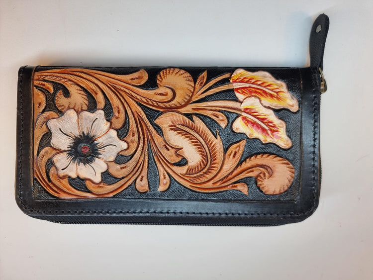 Hand Tooled Leather Wallet: Floral Carved, Antique Black, Western Style