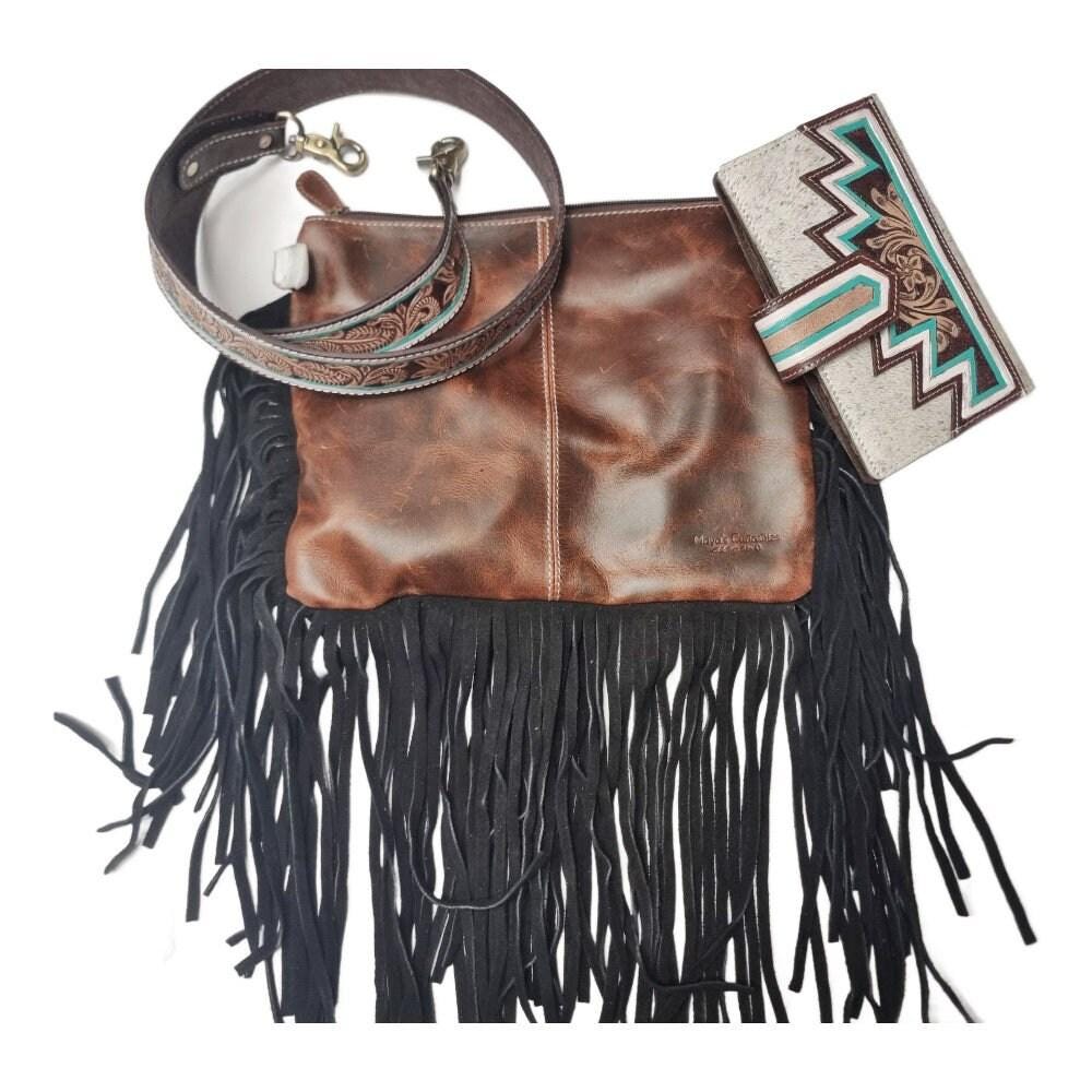 Tooled Leather Cowhide Wallet Set: Western Turquoise Clutch & Crossbody Bag