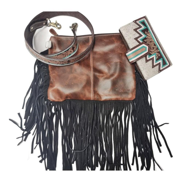 Tooled Leather Cowhide Wallet Set: Western Turquoise Clutch & Crossbody Bag