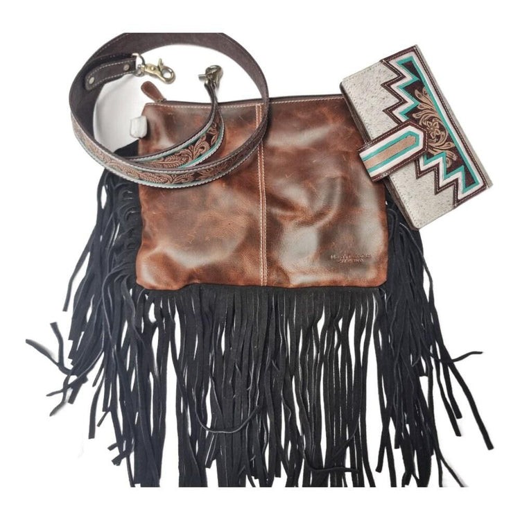 Tooled Leather Cowhide Wallet Set: Western Turquoise Clutch & Crossbody Bag