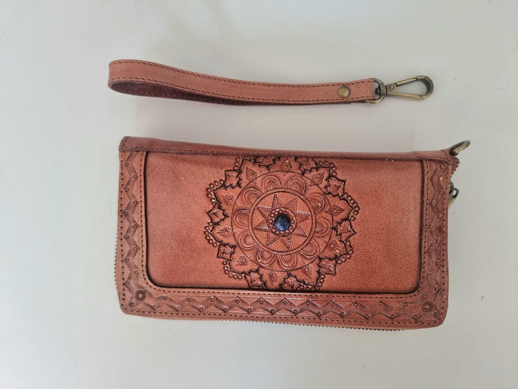 Hand Tooled Leather Wallet: Mandala Design, Lapis Lazuli Stone & Wrist Strap