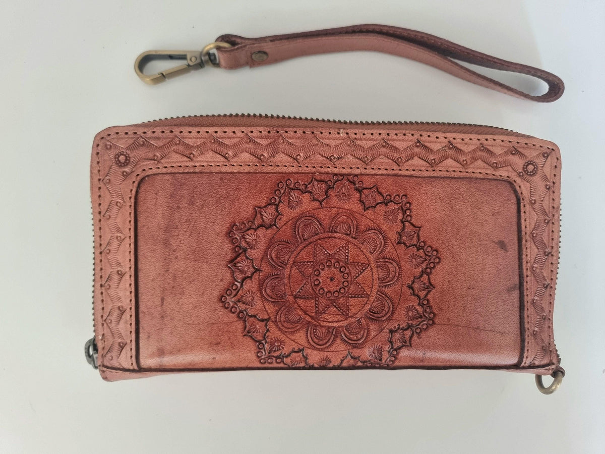 Hand Tooled Leather Wallet: Mandala Design, Lapis Lazuli Stone & Wrist Strap