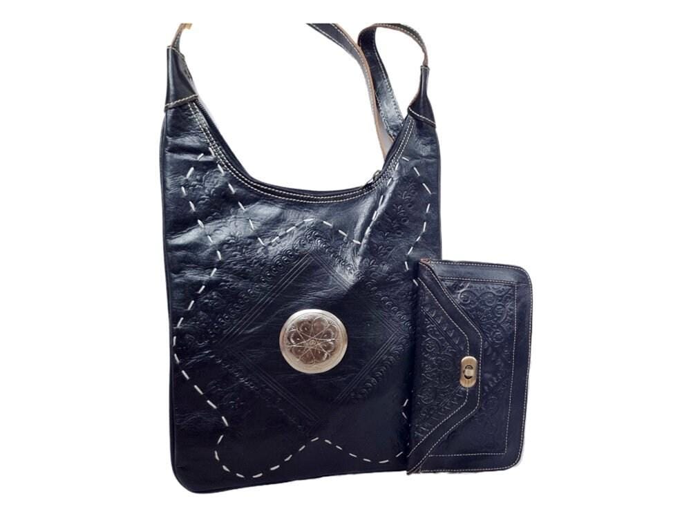 Hand Tooled Leather Crossbody Bag & Wallet Set - Moroccan Boho Purse