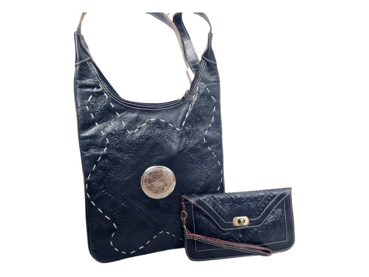 Hand Tooled Leather Crossbody Bag & Wallet Set - Moroccan Boho Purse