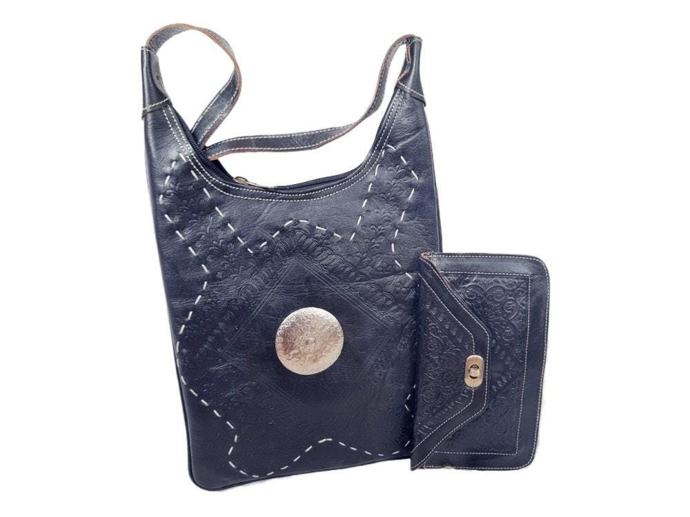 Hand Tooled Leather Crossbody Bag & Wallet Set - Moroccan Boho Purse