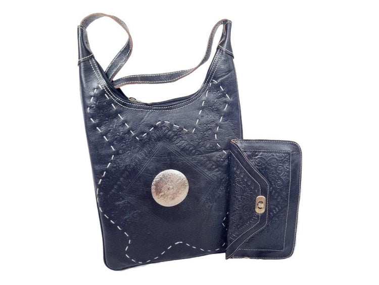 Hand Tooled Leather Crossbody Bag & Wallet Set - Moroccan Boho Purse