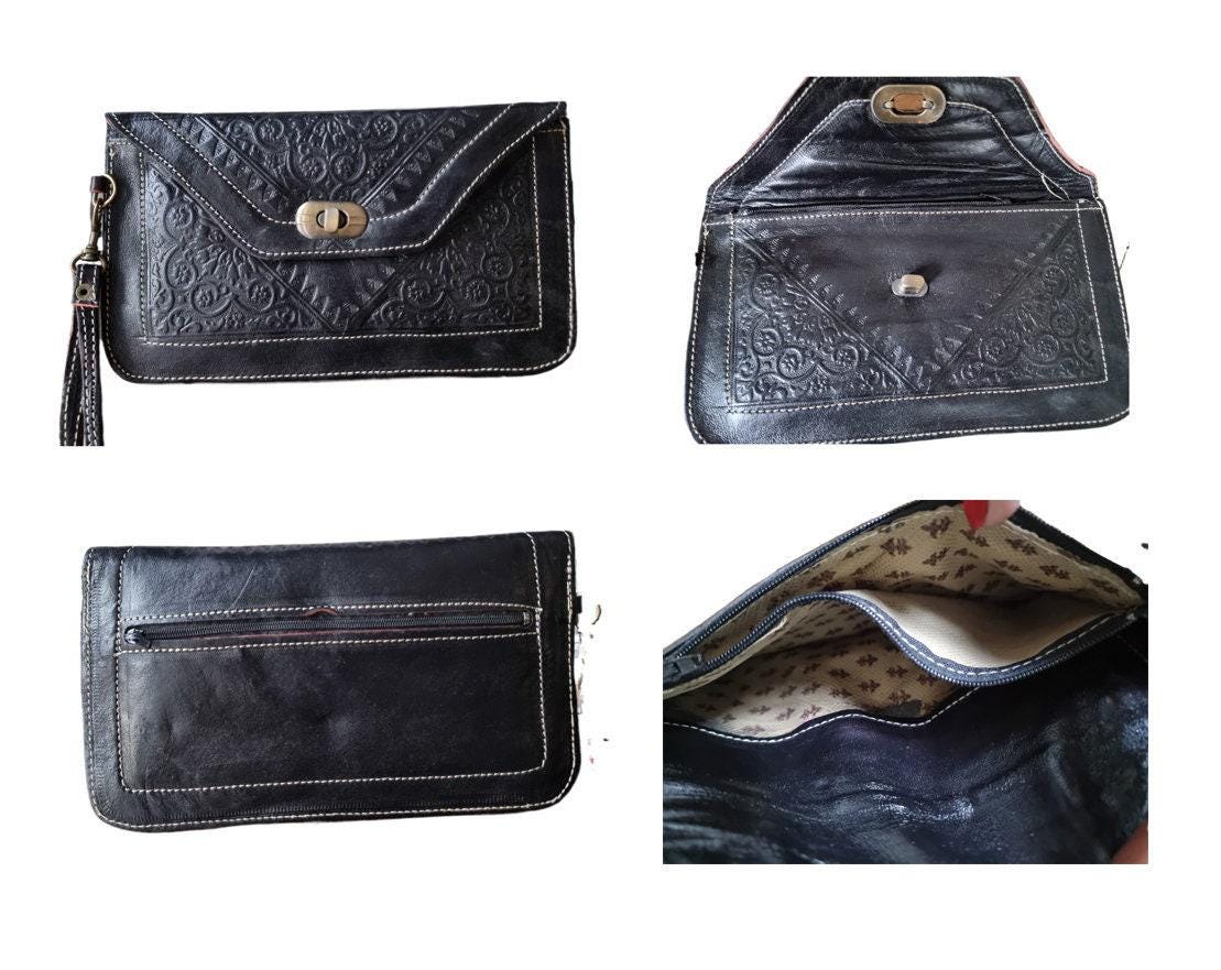 Hand Tooled Leather Crossbody Bag & Wallet Set - Moroccan Boho Purse