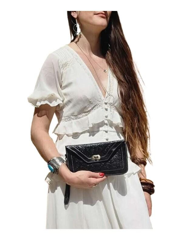 Hand Tooled Leather Crossbody Bag & Wallet Set - Moroccan Boho Purse