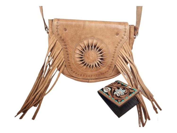 Hand Tooled Leather Bag & Wallet Set: Western Fringe Crossbody Purse
