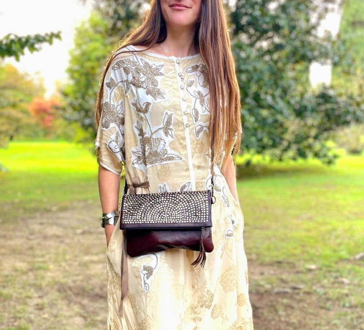 Handmade Leather Crossbody Clutch: Studded Boho Evening Bag