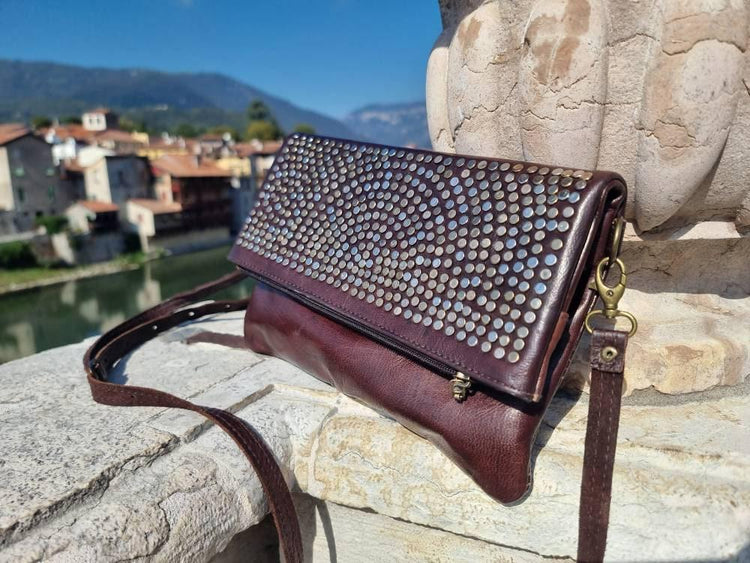 Handmade Leather Crossbody Clutch: Studded Boho Evening Bag
