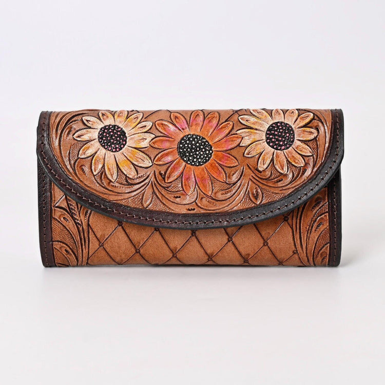 Sunflower leather wallet for women, tooled western purse with floral design, vintage botanical clutch