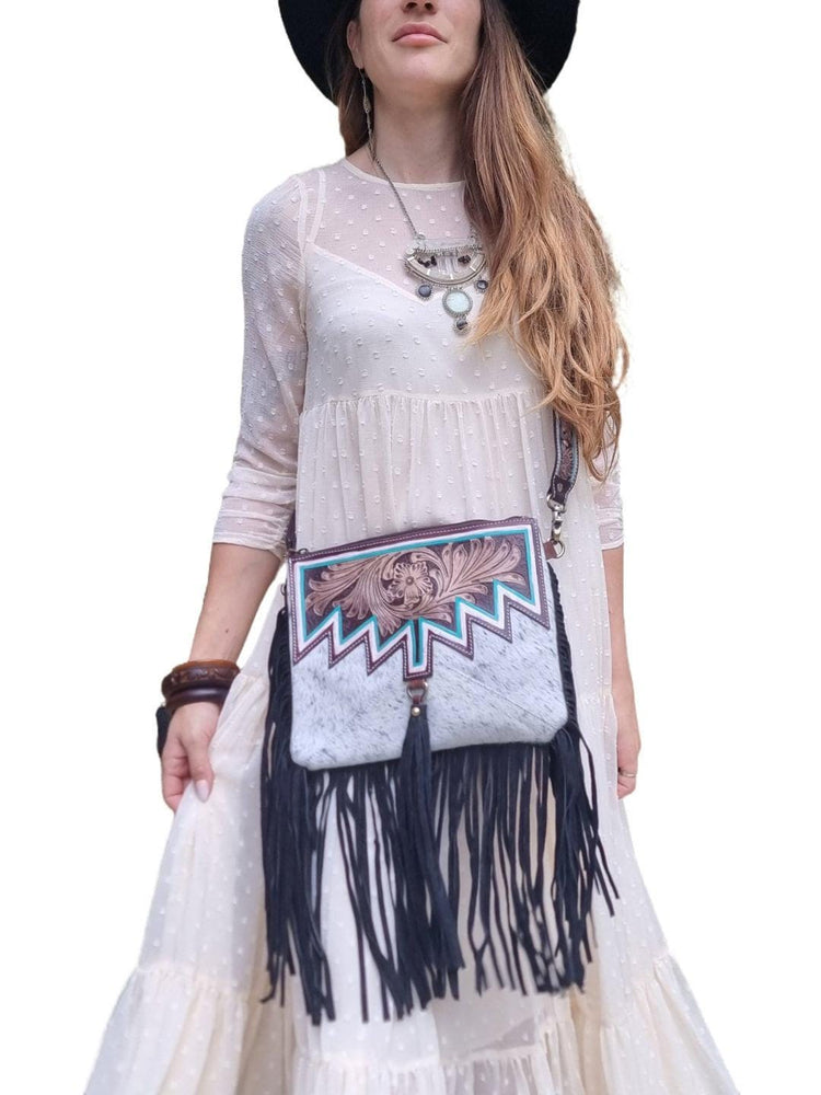 Western Cowhide Fringe Handbag Set, Tooled Leather Cowgirl Purse, Turquoise Crossbody Bag & Wallet, Boho Western Gift, Rodeo Bag
