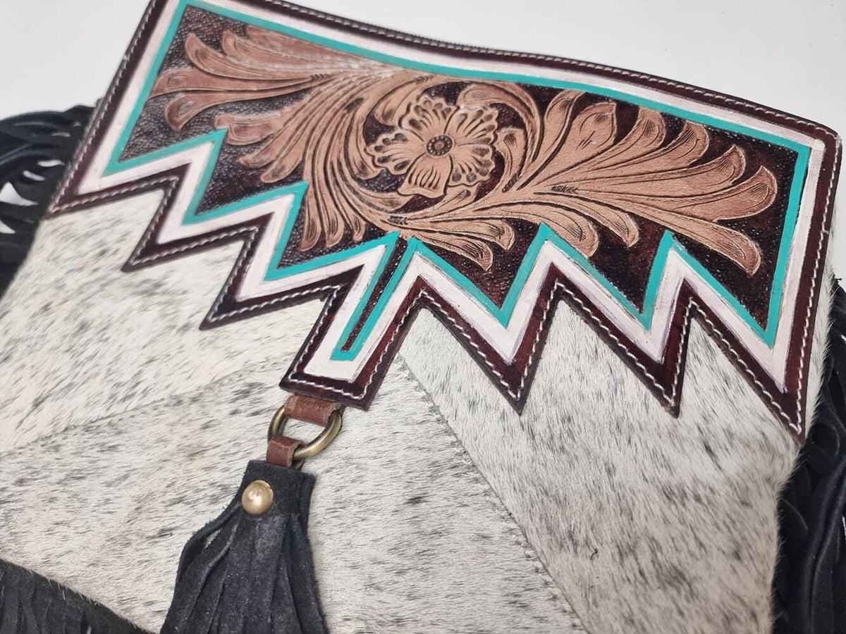 Western Cowhide Fringe Handbag Set, Tooled Leather Cowgirl Purse, Turquoise Crossbody Bag & Wallet, Boho Western Gift, Rodeo Bag