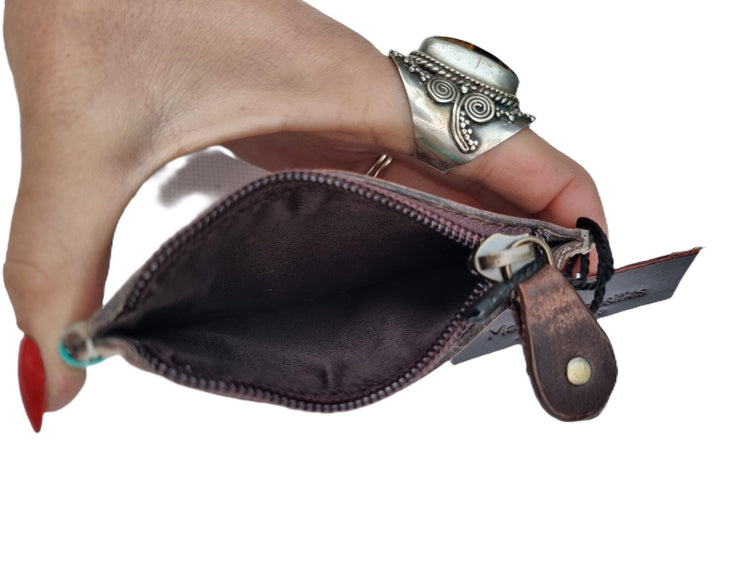 Hand Tooled Leather Mini Wallet: Pink Floral Coin Purse