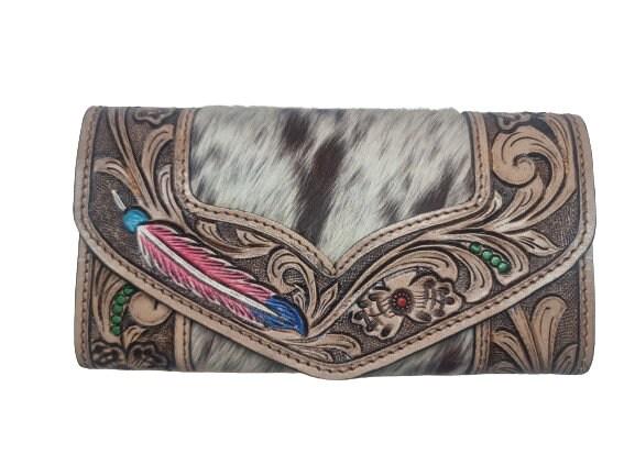 Hand Tooled Leather Cowhide Wallet: Western Feather Design