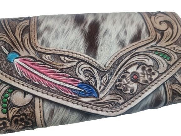 Hand Tooled Leather Cowhide Wallet: Western Feather Design