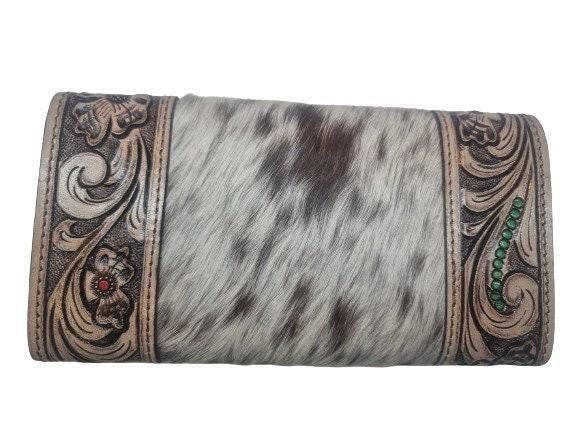 Hand Tooled Leather Cowhide Wallet: Western Feather Design