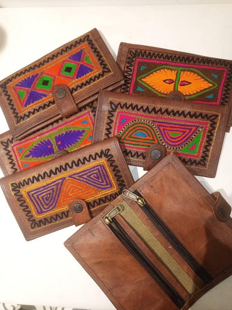 Embroidered Leather Wallet: Handmade Boho Hippie Coin Purse