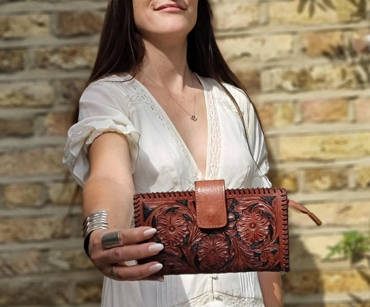 Long carved bifold leather wallet for women - handcrafted coin purse with zipper