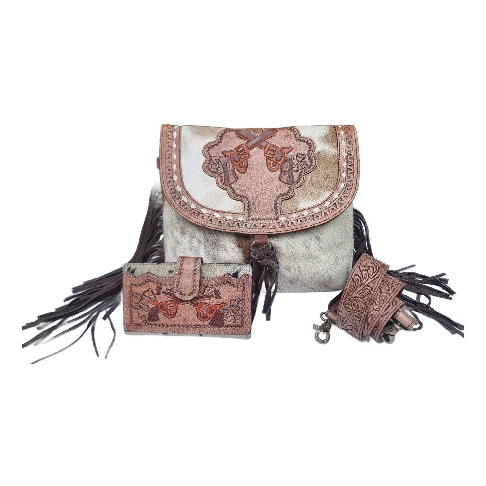 Tooled Leather Cowhide Crossbody Bag & Wallet Set: Western Pistol Design