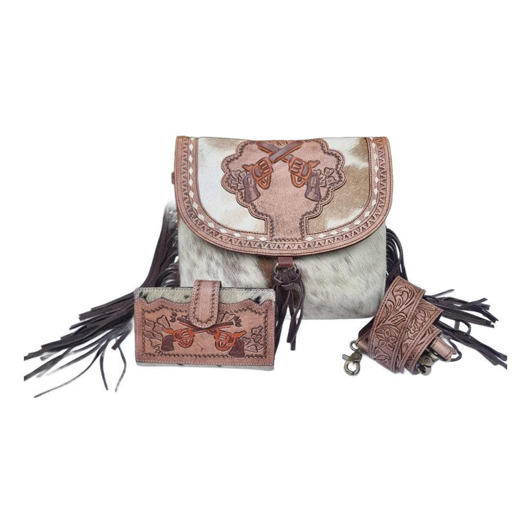 Tooled Leather Cowhide Crossbody Bag & Wallet Set: Western Pistol Design