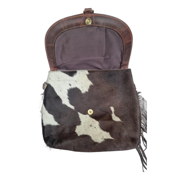 Hand Tooled Leather Wallet & Fringe Handbag Set: Western Cowhide Pistol Design