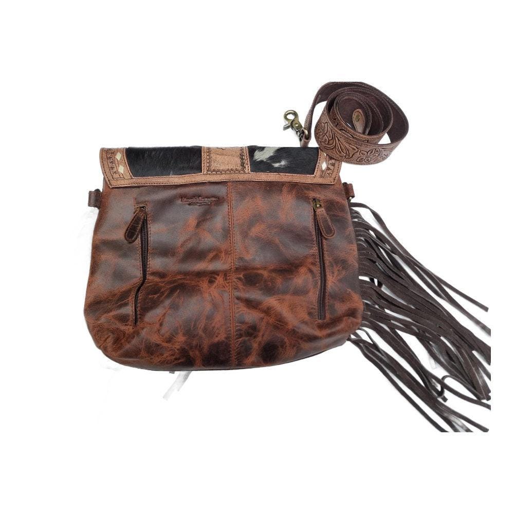 Hand Tooled Leather Wallet & Fringe Handbag Set: Western Cowhide Pistol Design