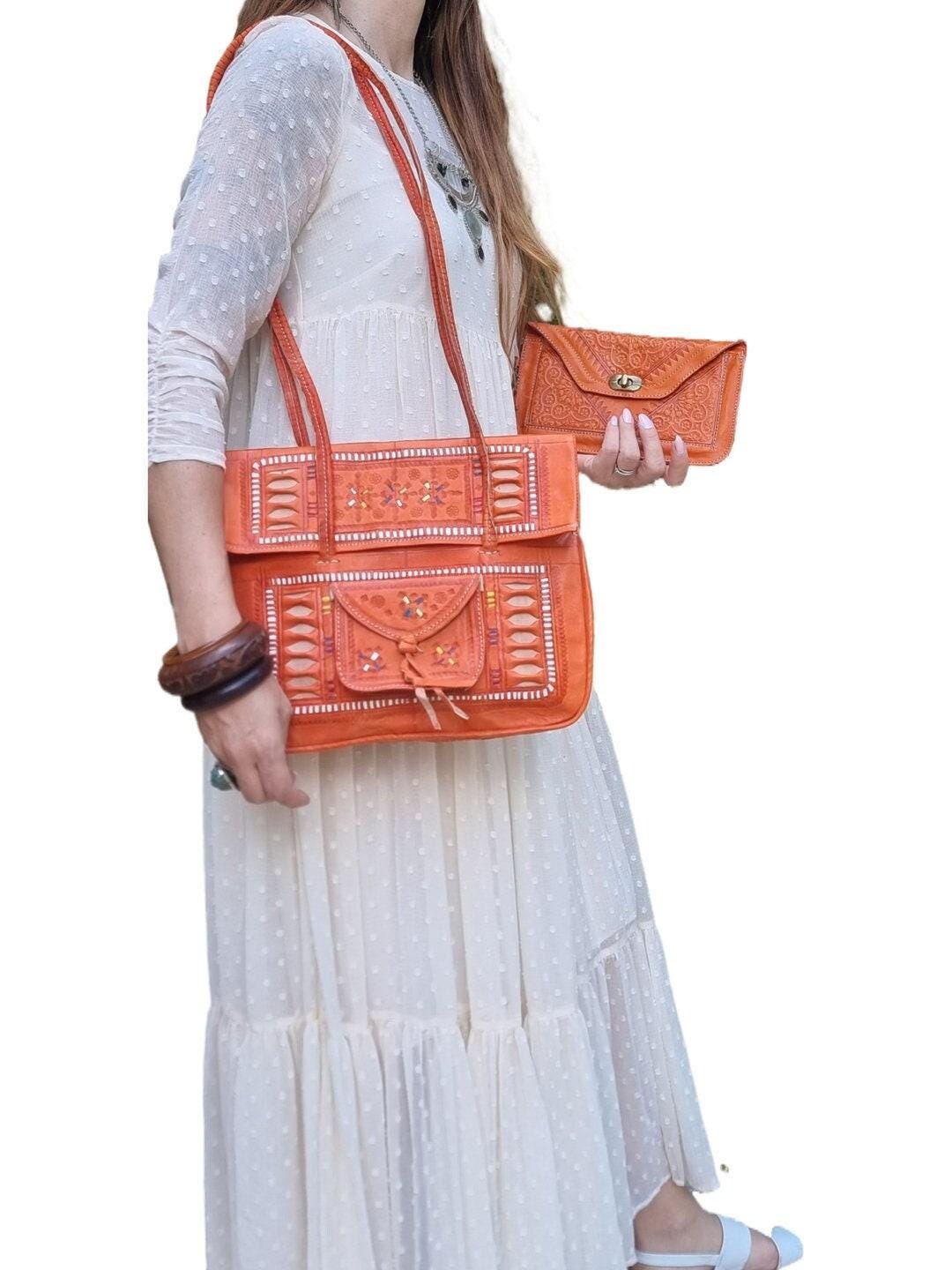 Moroccan Leather Shoulder Bag and Wallet Set: Boho Chic Purse