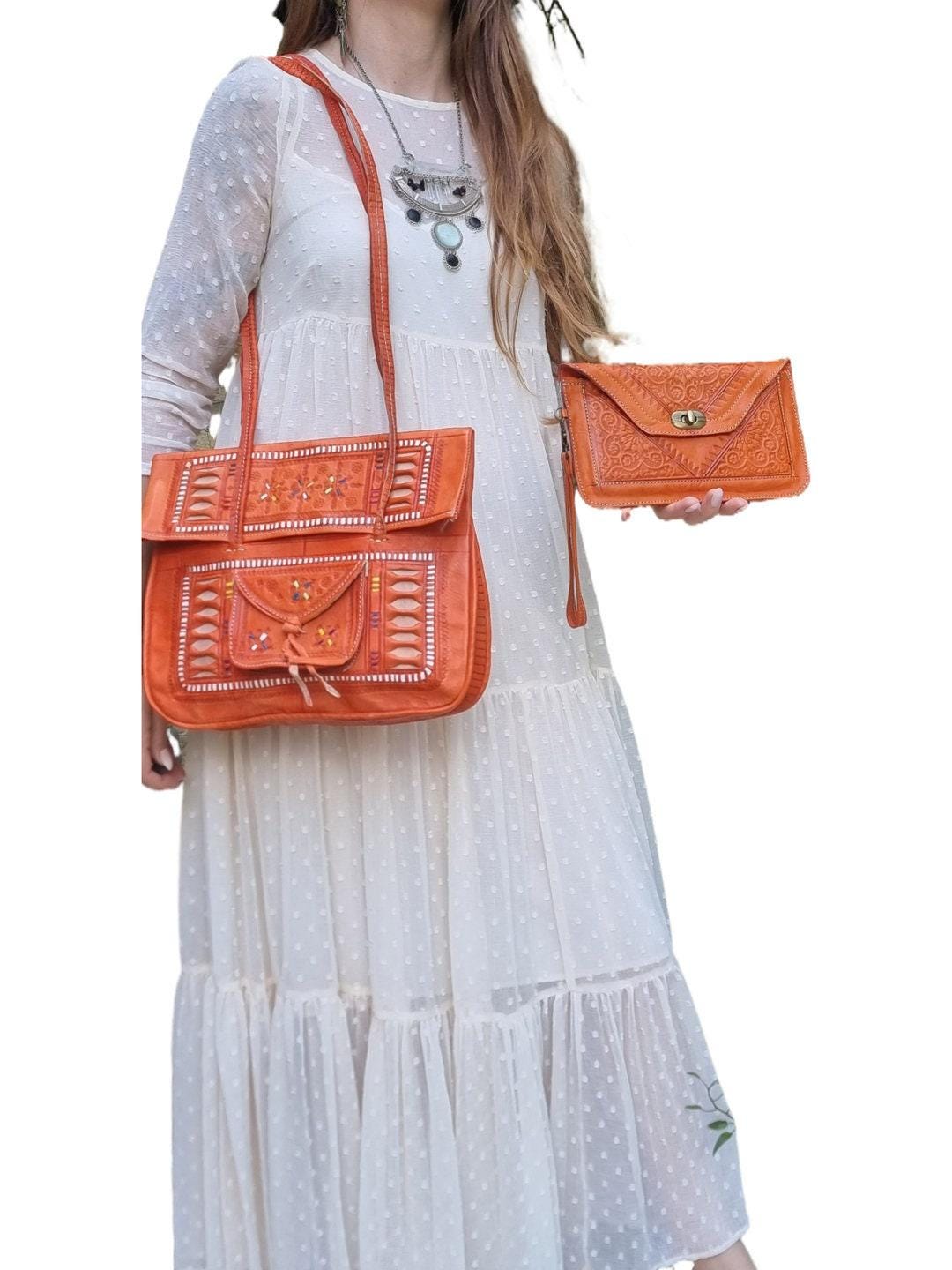 Moroccan Leather Shoulder Bag and Wallet Set: Boho Chic Purse