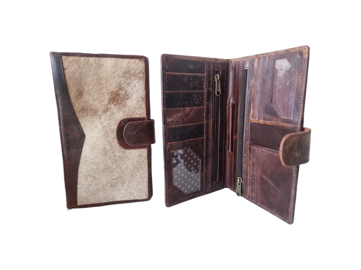 Cowhide Leather Portfolio Wallet / Western Travel Organiser Passport Holder Large Bifold Cowgirl Purse
