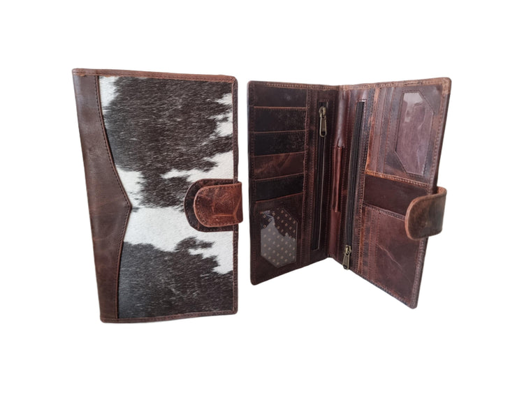 Cowhide Leather Portfolio Wallet / Western Travel Organiser Passport Holder Large Bifold Cowgirl Purse